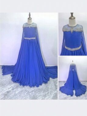 Beaded Royal Blue Girls Formal Gown with Cape